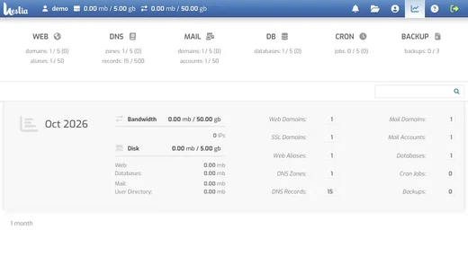 Statistics page showing disk and bandwidth usage