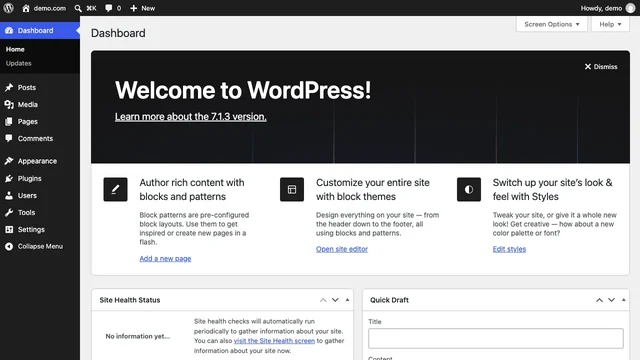 WordPress dashboard after logging in