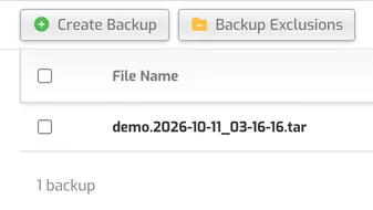 Backup tab listing a nightly backup archive
