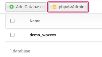 DB tab with the WordPress database and the phpMyAdmin button