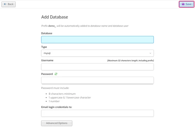 Add Database form