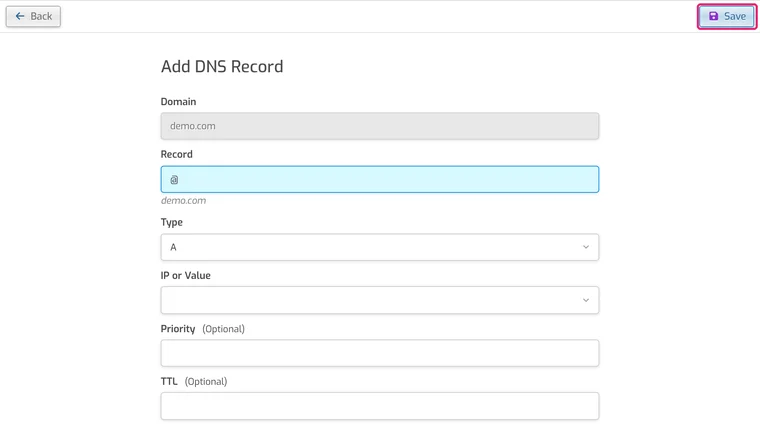 Add DNS Record form with Record, Type and Value fields