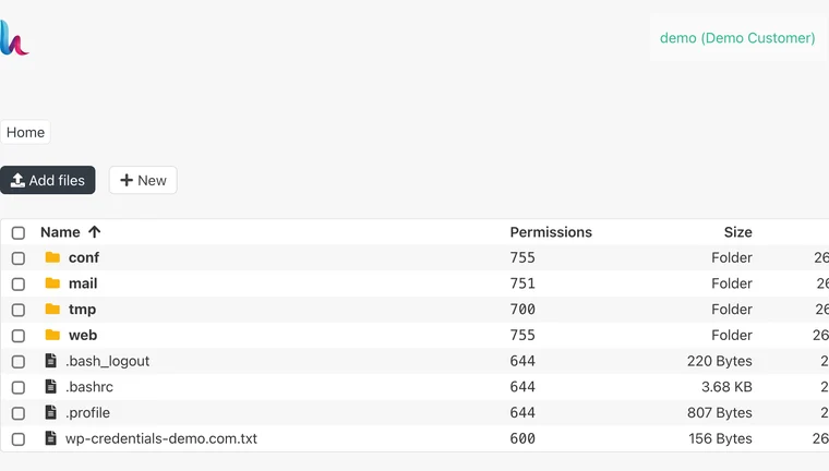 File Manager home folder showing the file wp-credentials-demo.com.txt