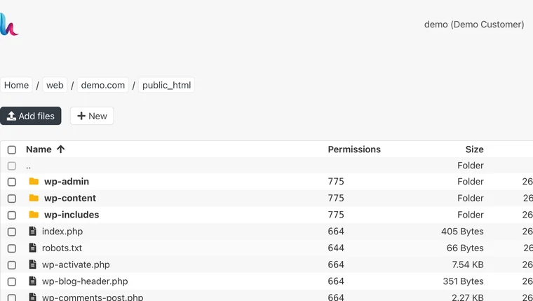 File Manager in web/demo.com/public_html showing the WordPress files