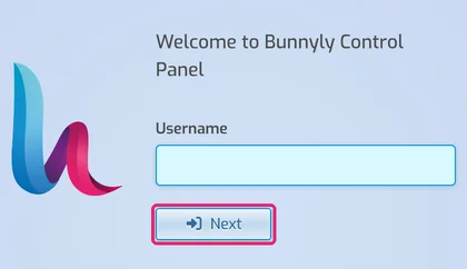 Control panel login, step 1: Username field and Next button