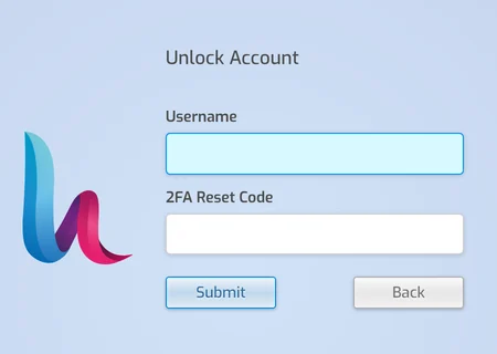 Unlock Account page with Username and 2FA Reset Code fields