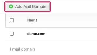 Mail tab listing the demo.com mail domain and the Add Mail Domain button