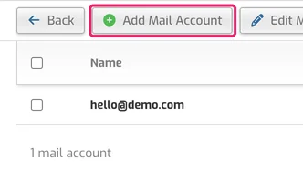 Mail accounts list for demo.com showing hello@demo.com
