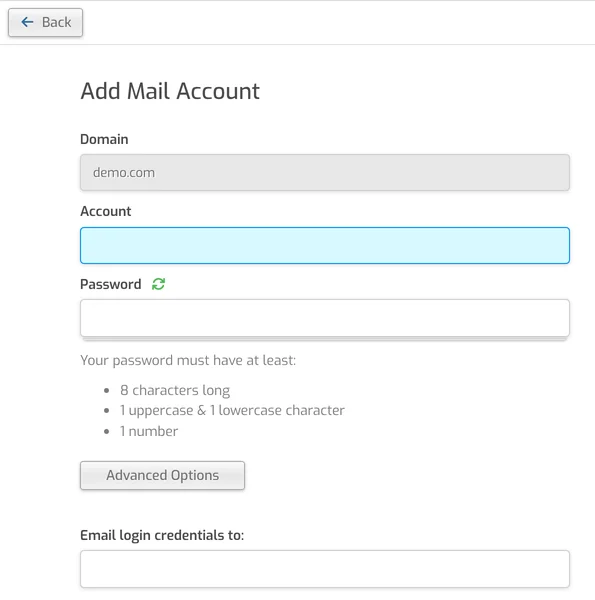 Add Mail Account form with Account and Password fields