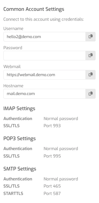 Common Account Settings box with webmail, hostname and encrypted ports