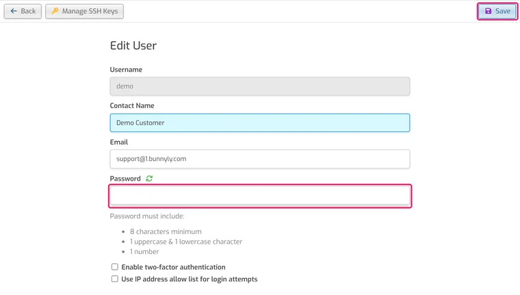 Edit User page with the Password field and the Save button