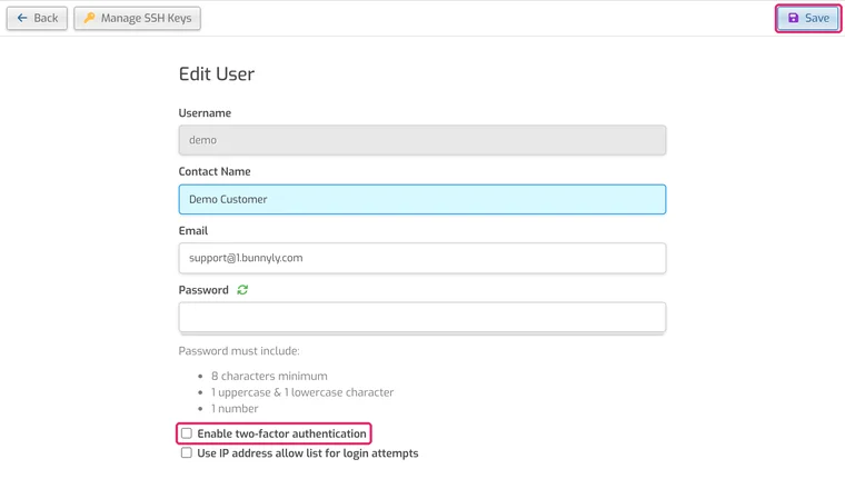 Edit User page with the Enable two-factor authentication checkbox