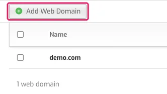 Web tab after login, listing the demo.com web domain