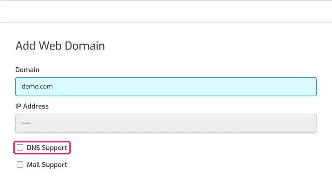Add Web Domain form with a domain entered and DNS Support ticked
